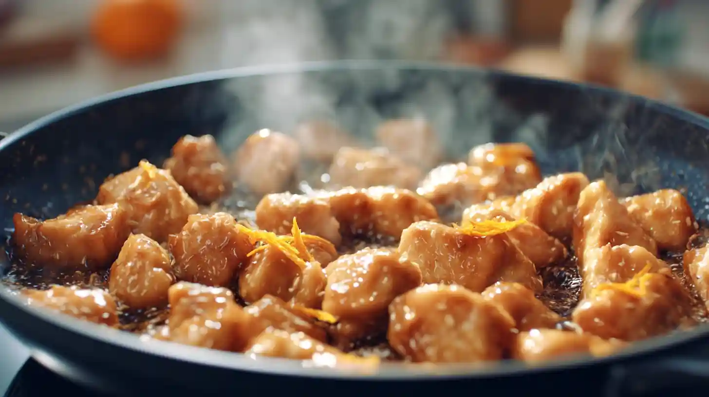 Orange chicken cooking in a nonstick pan