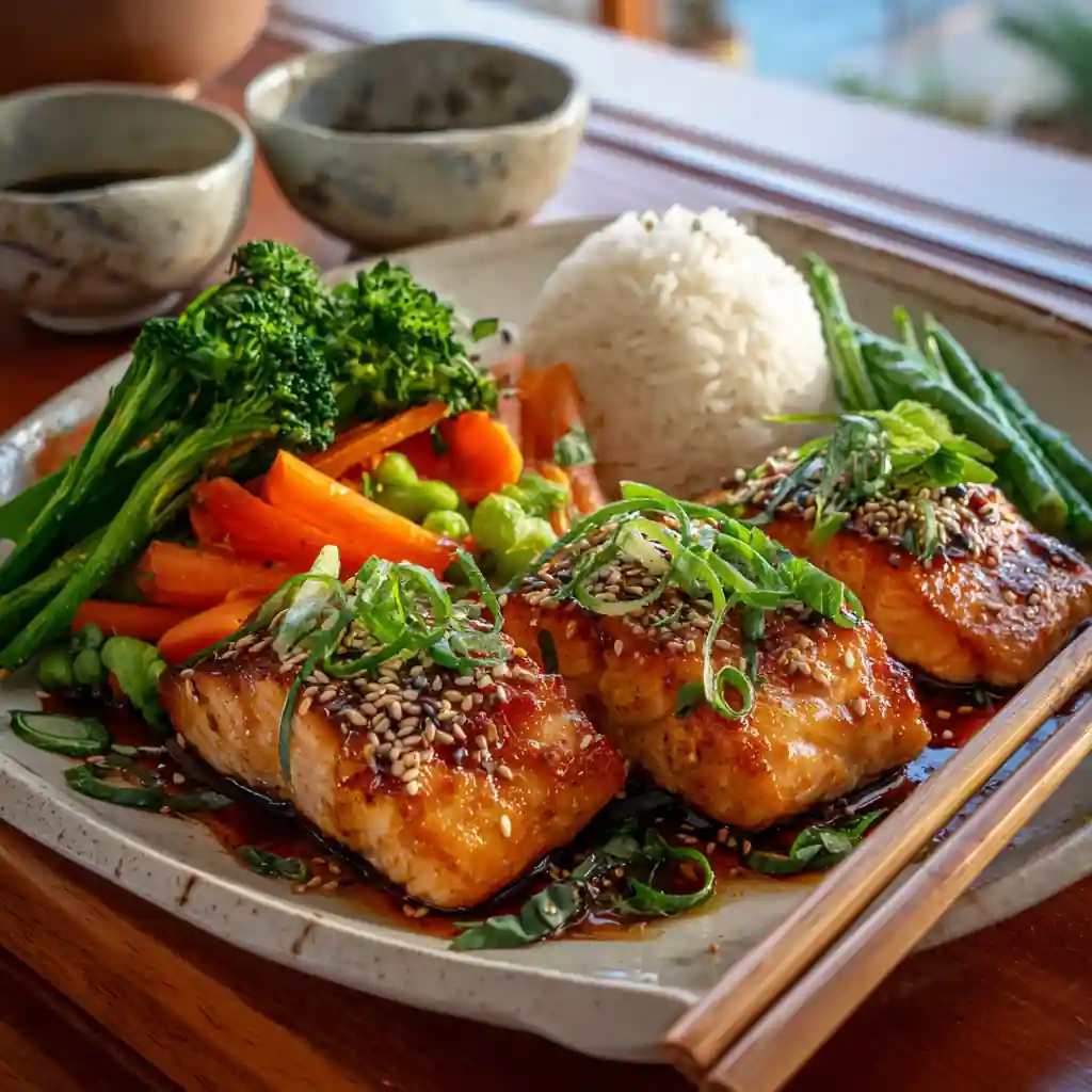 Asian Salmon Recipe with vegetables and rice