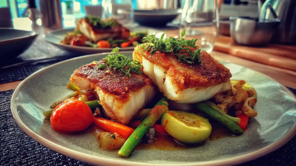 Crispy cod with steamed vegetables for dinner