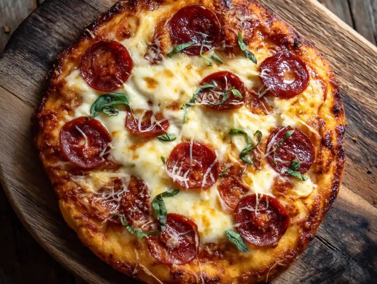 Crispy air fryer pizza with golden crust and melted mozzarella