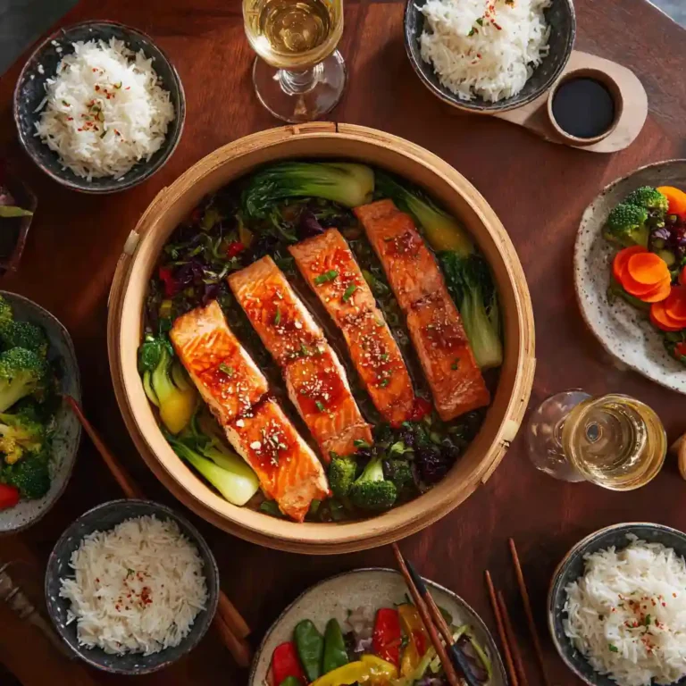 Shanghai-style steamed salmon served with rice and vegetables