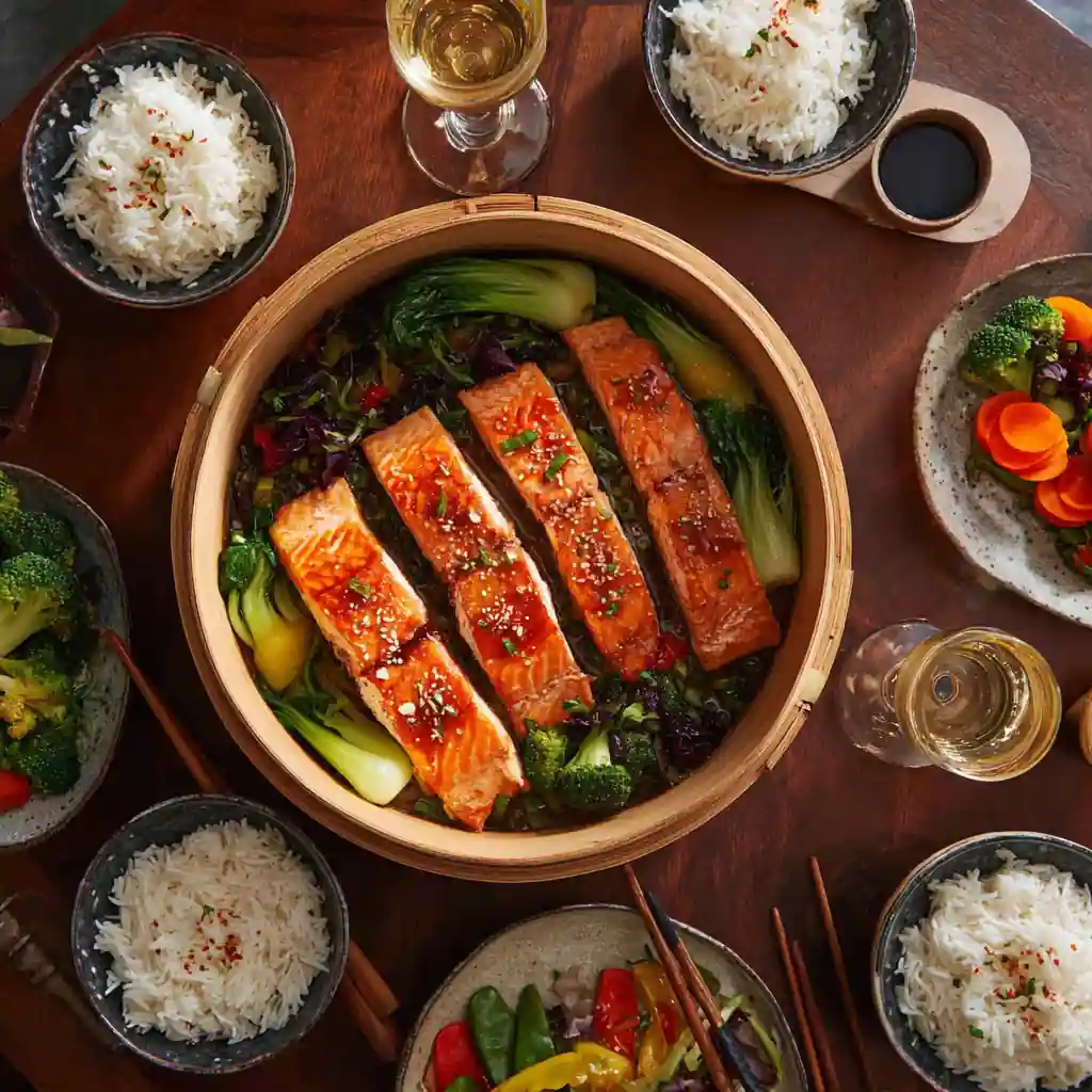 Shanghai-style steamed salmon served with rice and vegetables