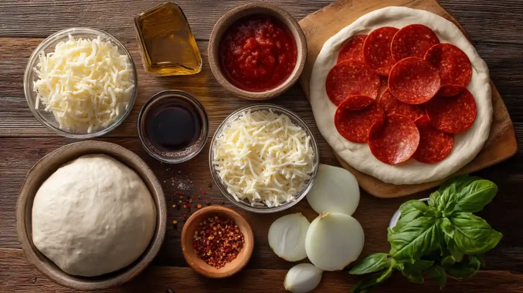 Ingredients for air fryer pizza recipe on kitchen counter