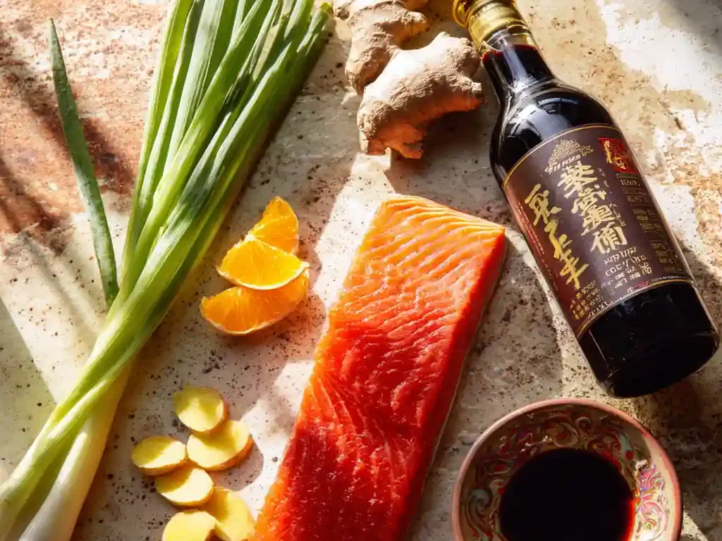 Ingredients for steamed salmon with Shanghai flavor