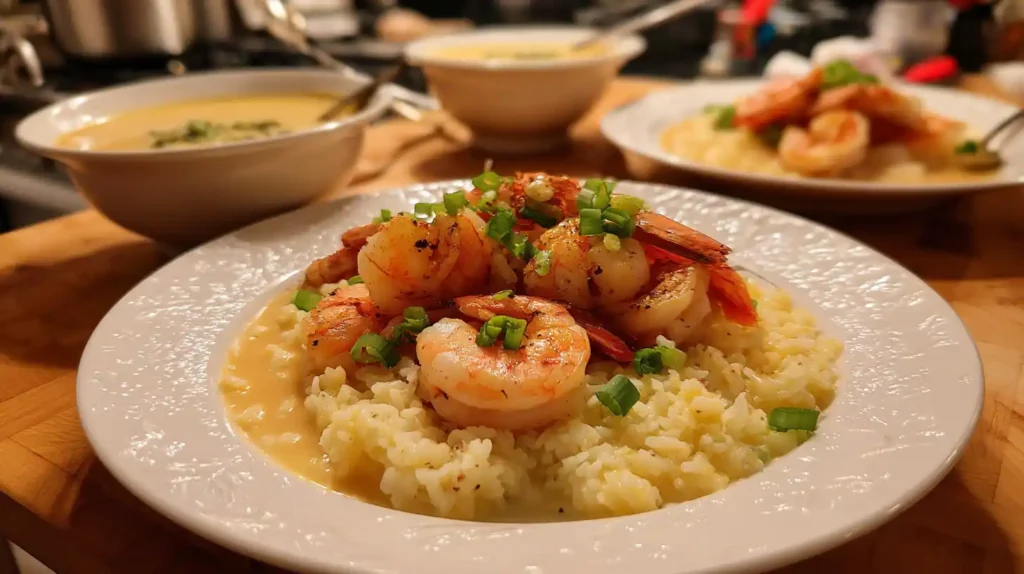 Rice steamer garlic butter rice served with shrimp and chowder