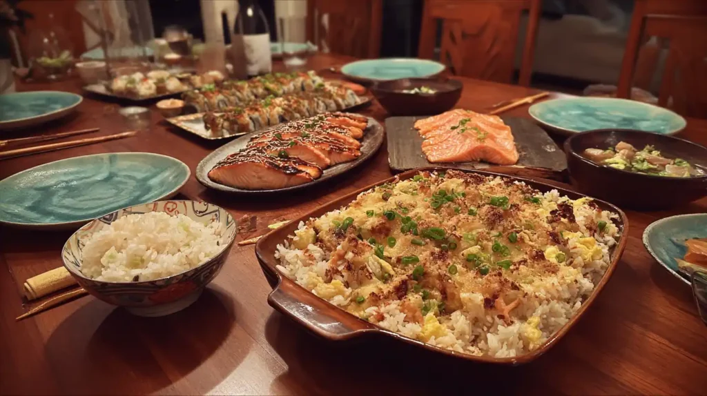 Rice steamer garlic butter rice with sushi bake and teriyaki salmon