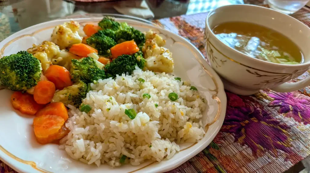 Rice steamer garlic butter rice served with vegetables and soup