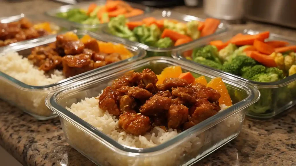 Healthy orange chicken recipe meal prep containers