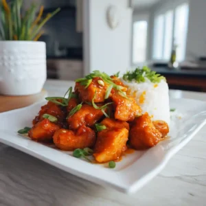 Healthy orange chicken recipe plated with rice