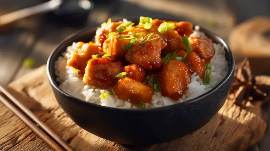 Healthy orange chicken recipe served over rice
