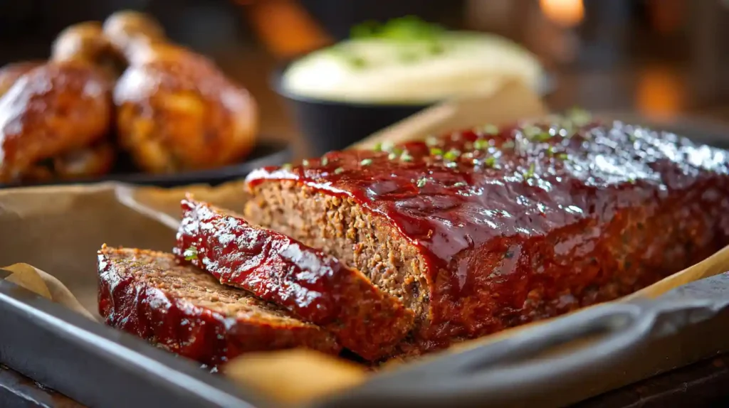 sliced barbecue meatloaf recipe resting before serving