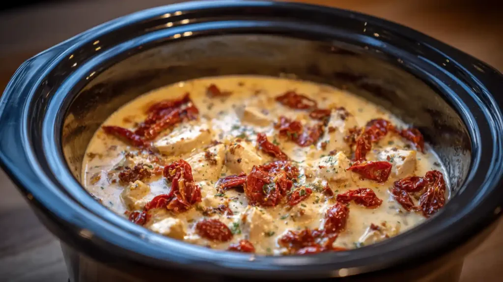 Marry Me Chicken Crockpot Recipe simmering in slow cooker