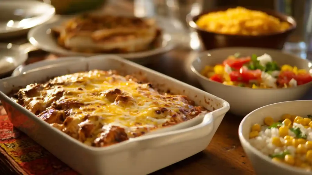 Salsa chicken recipe served with Spanish rice and corn