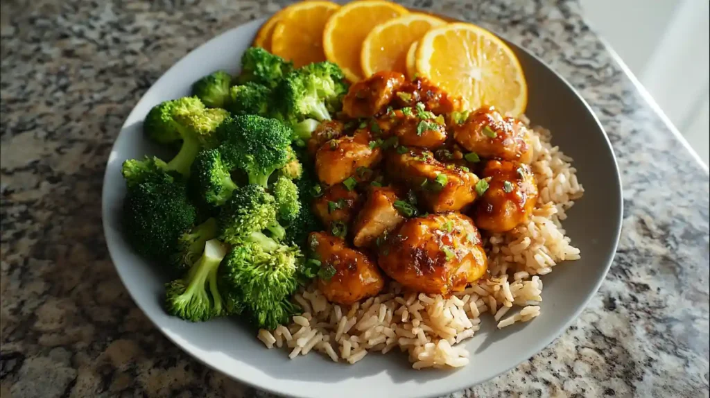 Healthy orange chicken recipe with broccoli and rice