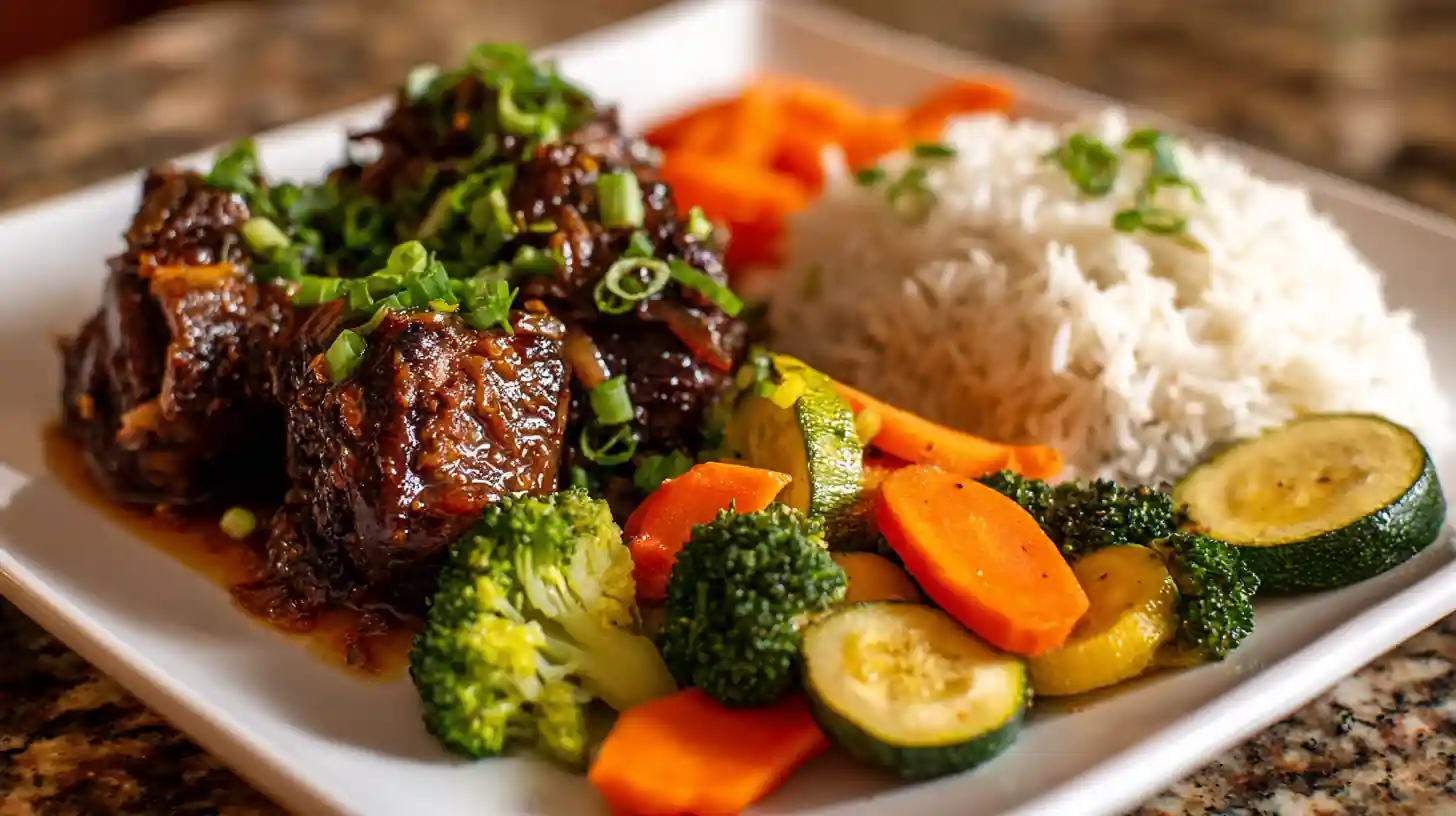 Plated Oxtail Crockpot Recipe with Rice and Gravy