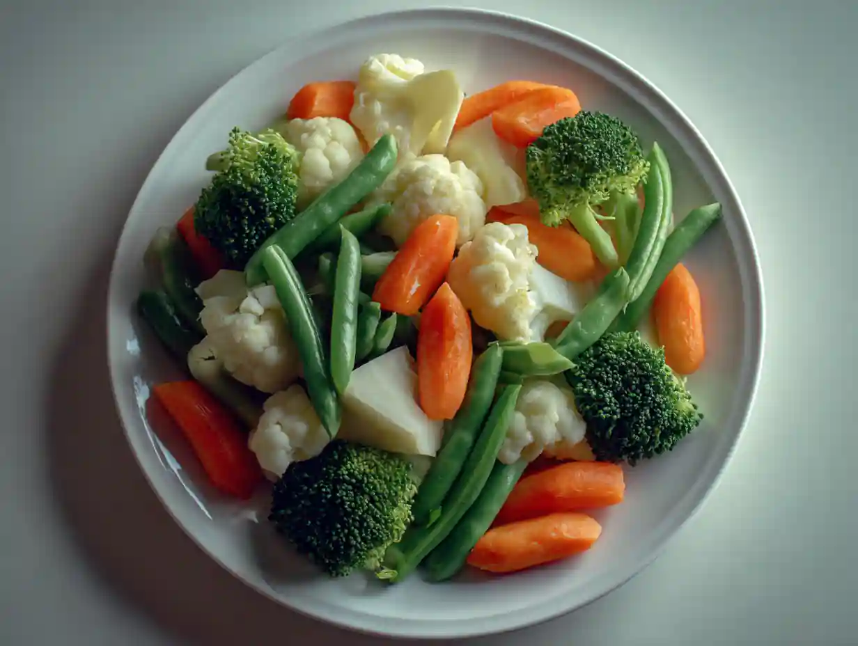 steamed vegetables recipe served on a clean ceramic plate