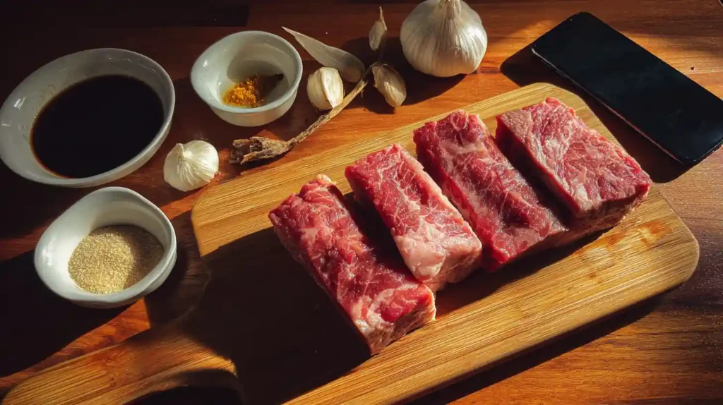 Ingredients and cuts for Korean beef short ribs recipe