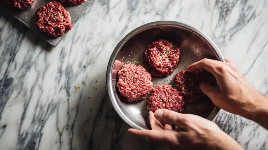 Preparing patties for simple BBQ burger recipe with seasoning