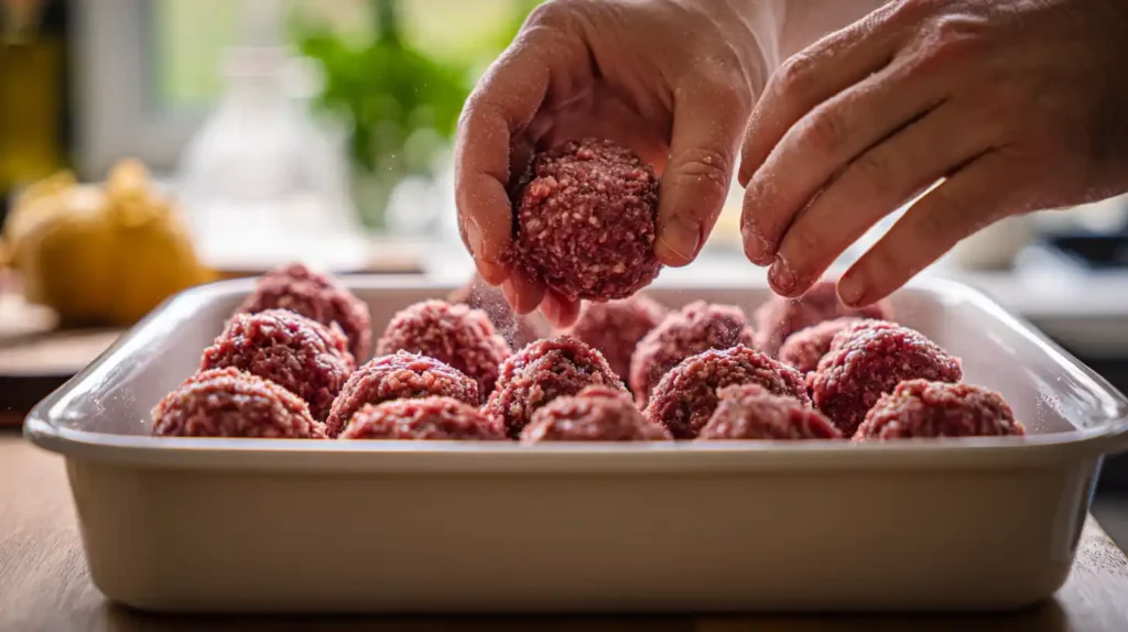 Preparing meatballs for a bbq meatball recipe in a kitchen