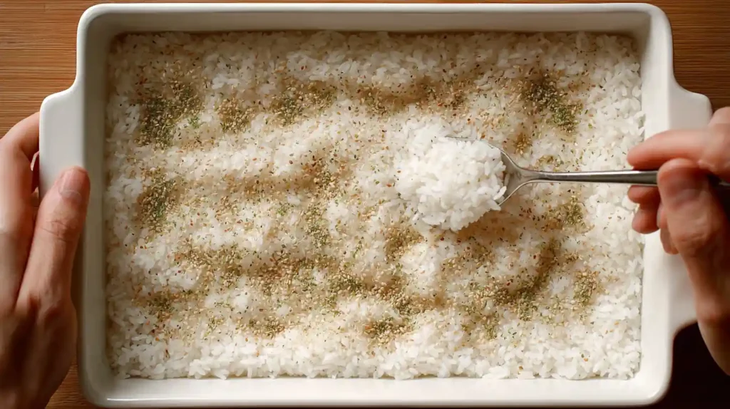 Hands spreading sushi rice in baking dish for sushi bake recipe salmon