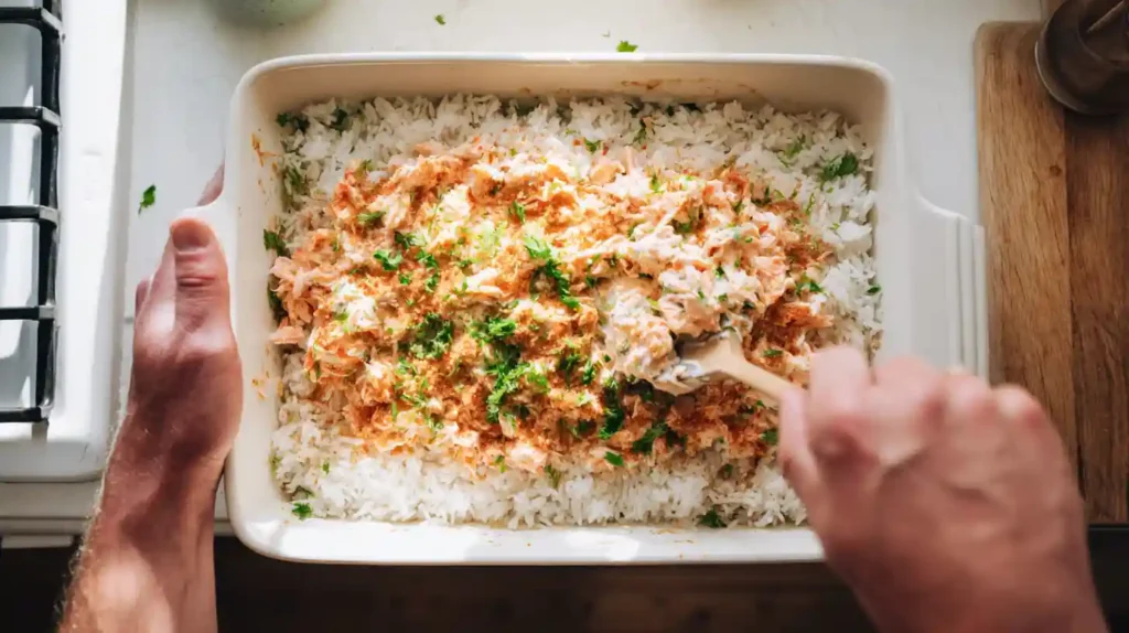 Hands adding salmon mixture on rice layer for sushi bake recipe salmon