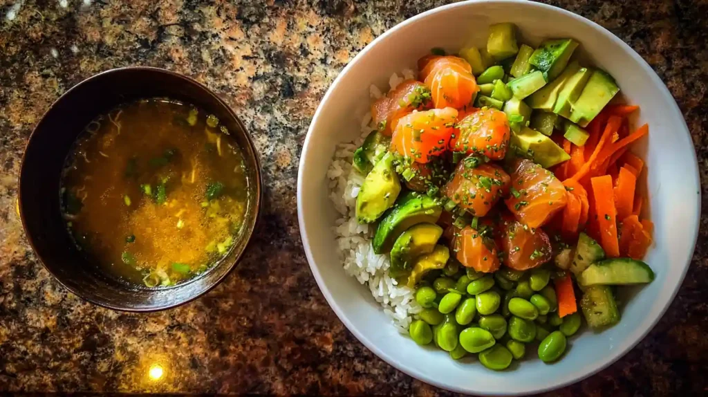 Salmon bowl recipe with steamed vegetables and soup