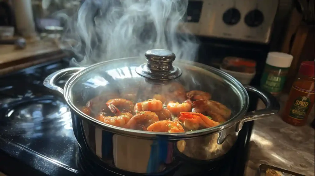 Shrimp steaming in pot for Old Bay steamed shrimp recipe