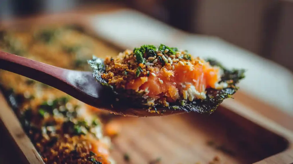 Spoon serving sushi bake recipe salmon on seaweed snack