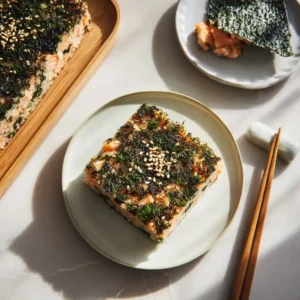 Sushi bake recipe salmon portion on plate with seaweed snack