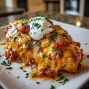 Salsa chicken recipe plated with melted cheese and salsa