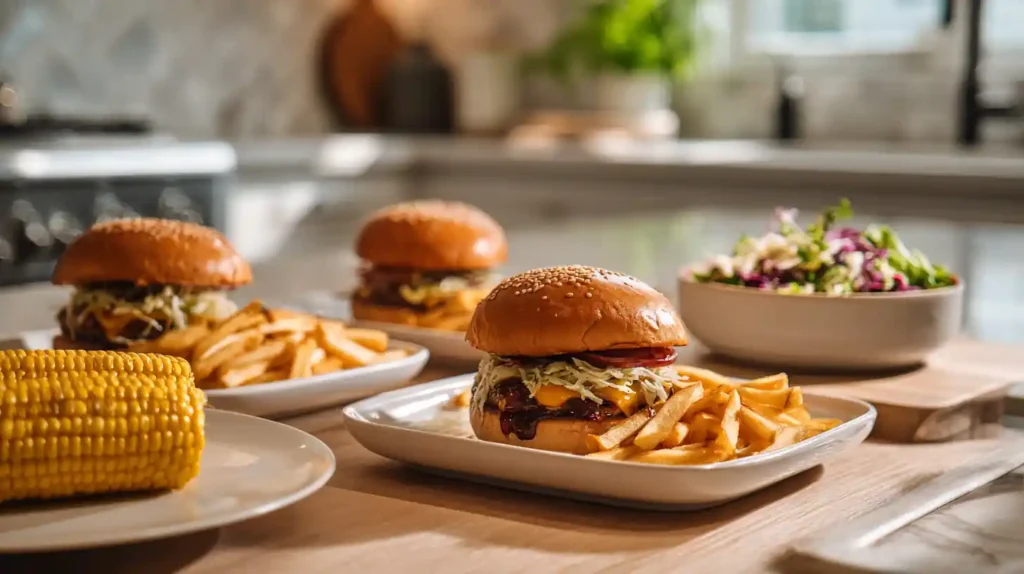 Simple BBQ burger recipe served with fries and coleslaw