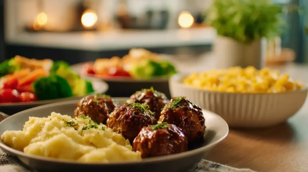BBQ meatball recipe served with sides like mashed potatoes and vegetables