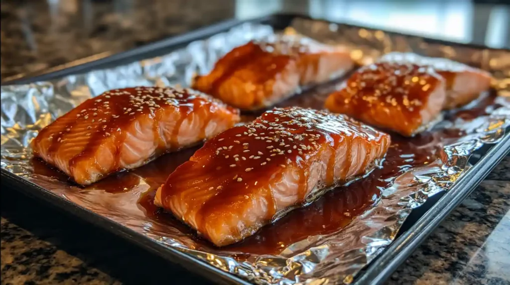 Teriyaki salmon fillets ready to bake
