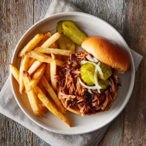 Barbecue beef sandwich with fries and pickles, top-down view
