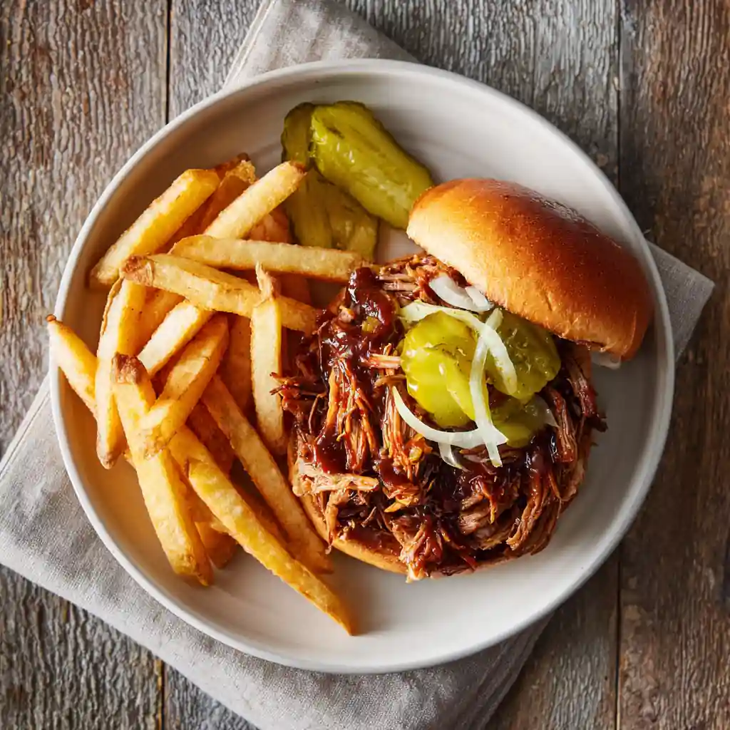Flat lay of barbecue beef sandwich with fries on a white plate