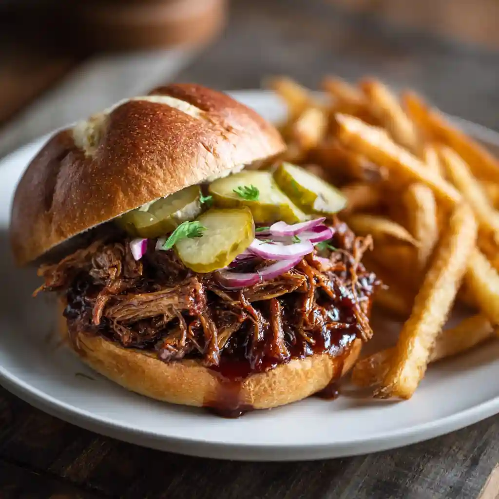 Flat lay of barbecue beef sandwich with fries on a white plate