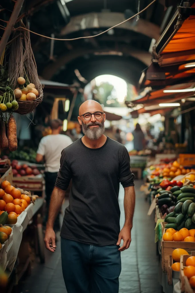 Bald man with beard and round glasses walking in a lively market full of fresh fruits and vegetables