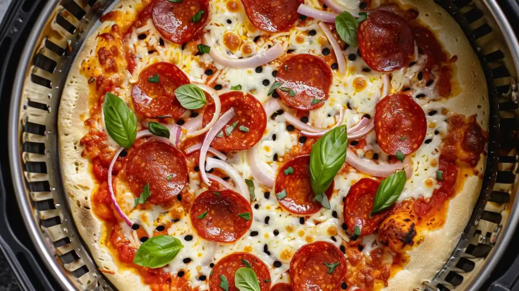 Air fryer pizza with sauce, cheese, and pepperoni before cooking