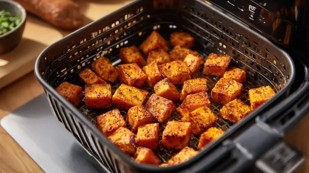 Sweet potato cubes cooking in air fryer basket