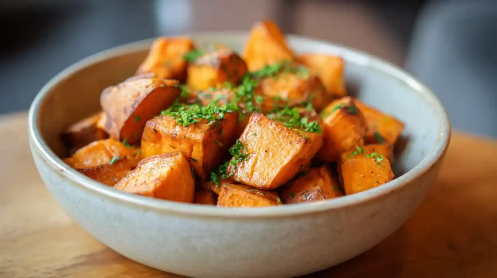 Crispy roasted sweet potato cubes served from air fryer