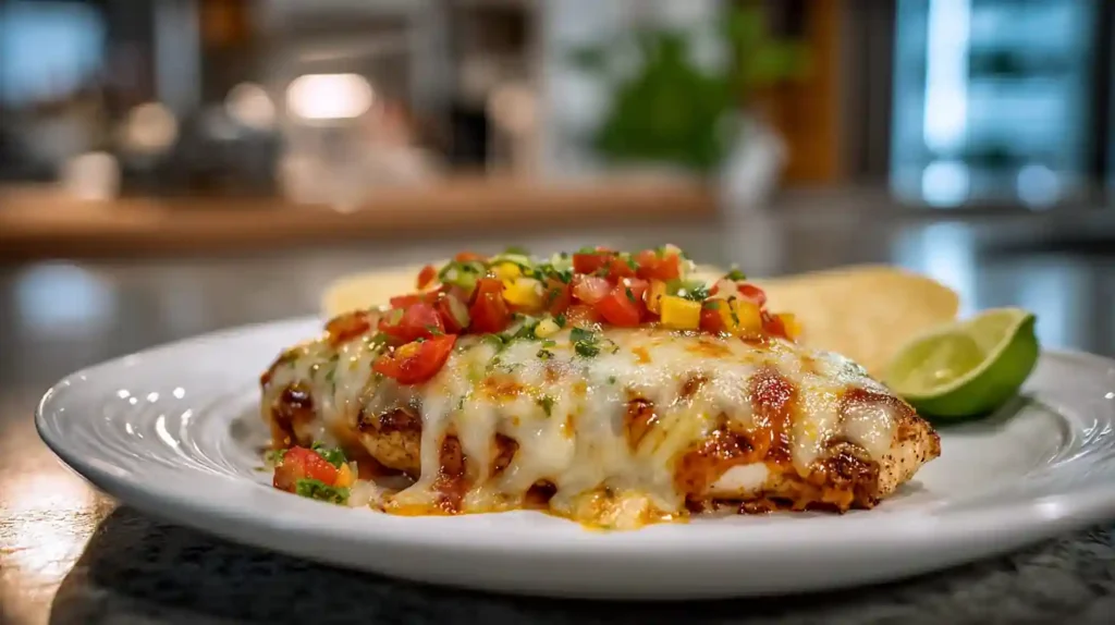 Plated salsa chicken recipe served with tortilla and lime