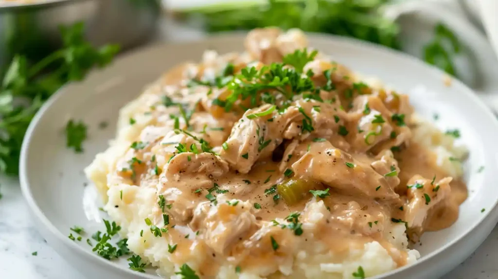 Shredded crockpot chicken and gravy served with mashed potatoes