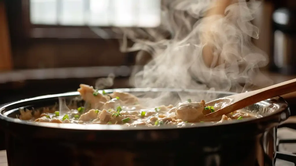 Crockpot chicken simmering in creamy gravy