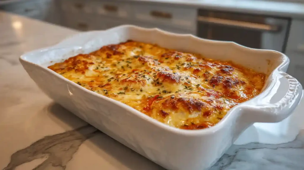 Salsa chicken recipe fresh out of the oven with melted cheese