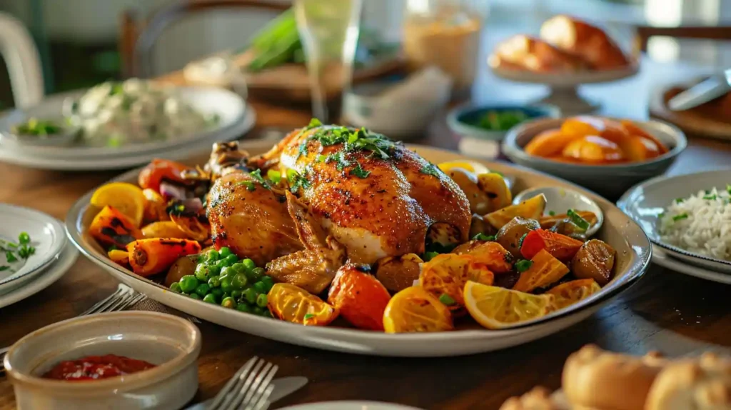 Crockpot chicken and gravy served with vegetables and sides