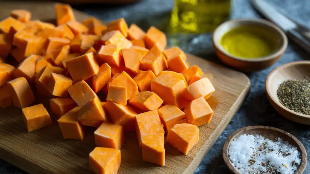 Preparing sweet potatoes for air fryer recipe with spices