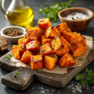 Sweet potato air fryer recipe card with ingredients and time