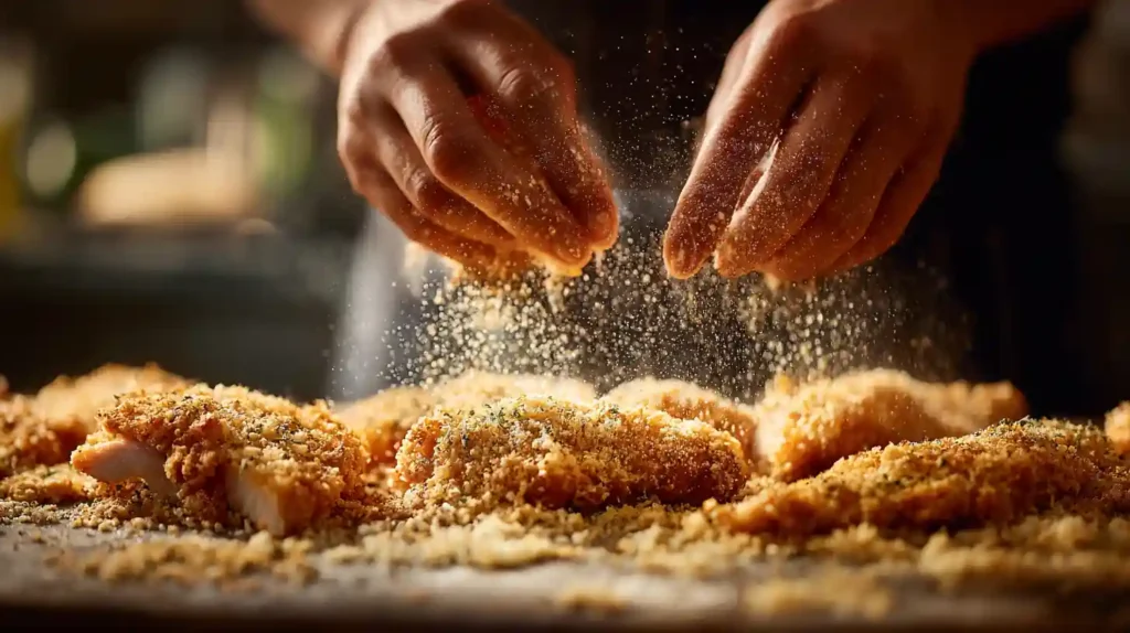 Chicken pieces being breaded for air fryer nuggets