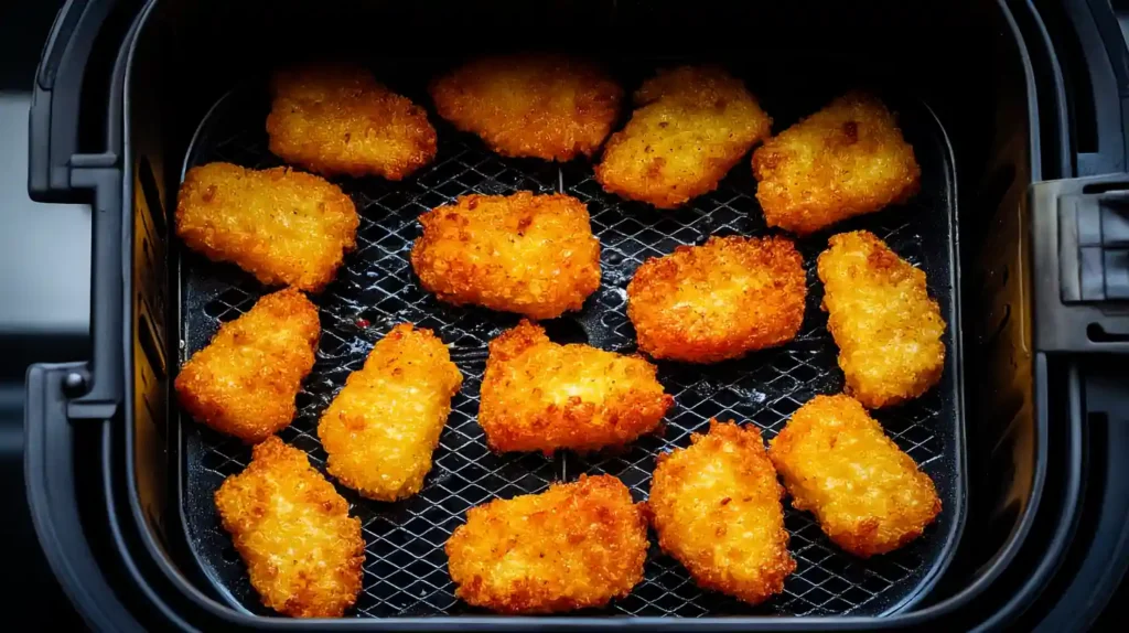Chicken nuggets cooking in air fryer basket
