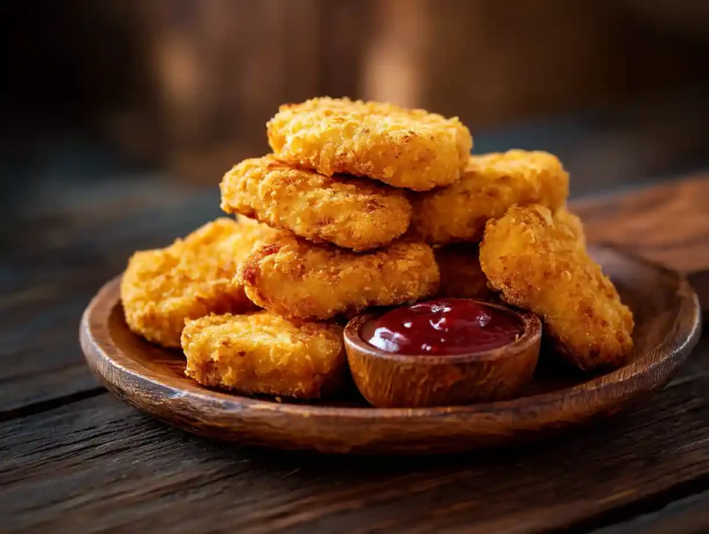 Air fryer chicken nuggets on a wooden plate